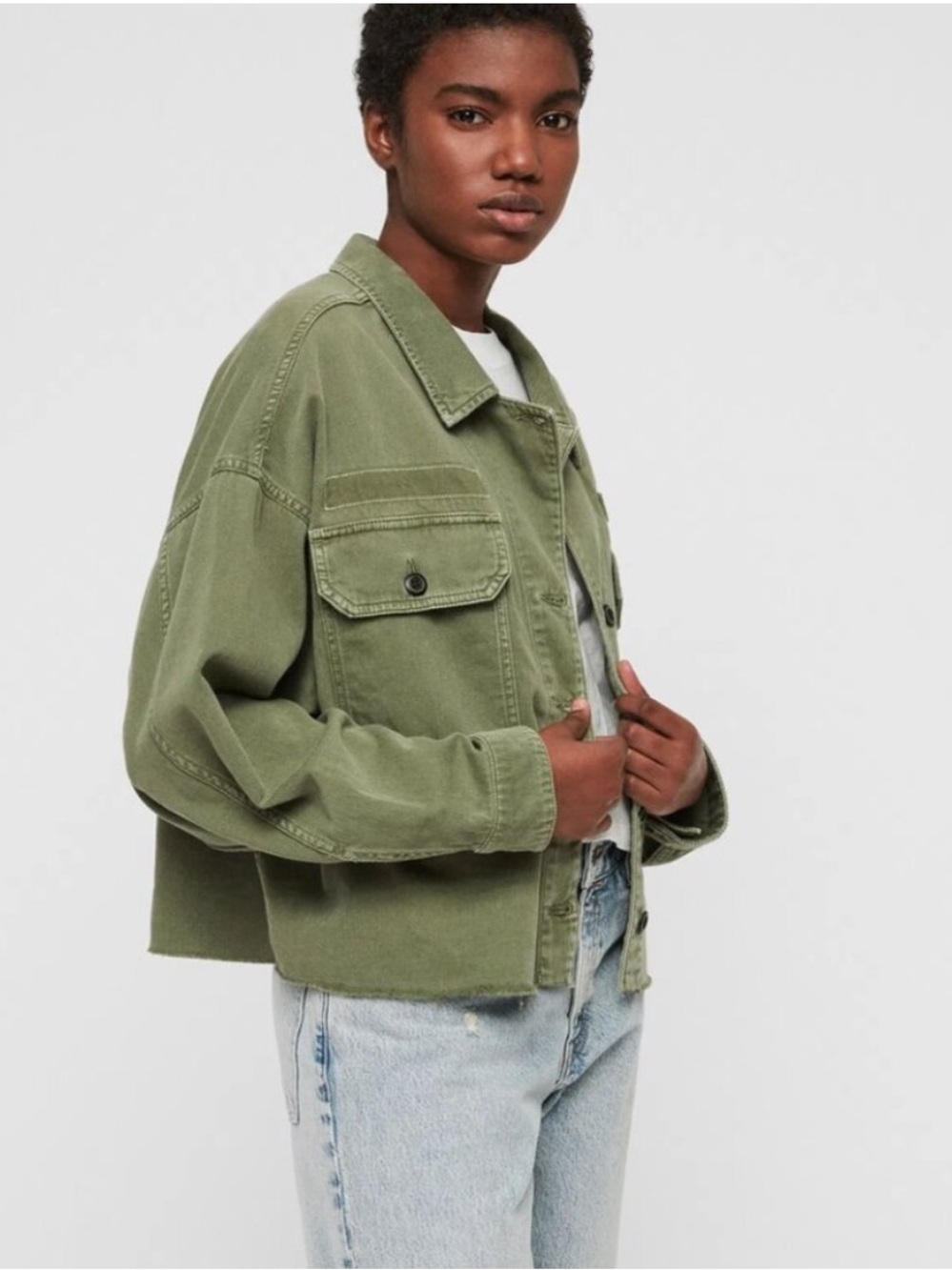 All Saints Morten Shirt Jacket in Army Green Relaxed Oversized Fit Distressed